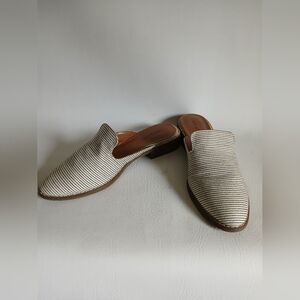 Indigo Cream and Gray Canvas Striped Mules Sz8.5M Almond Toe